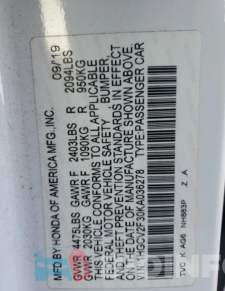1HGCV2F30KA036278 Photo# 12