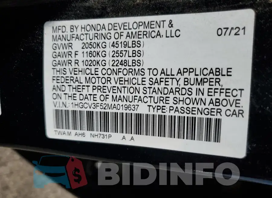 1HGCV3F52MA019637 Photo# 12