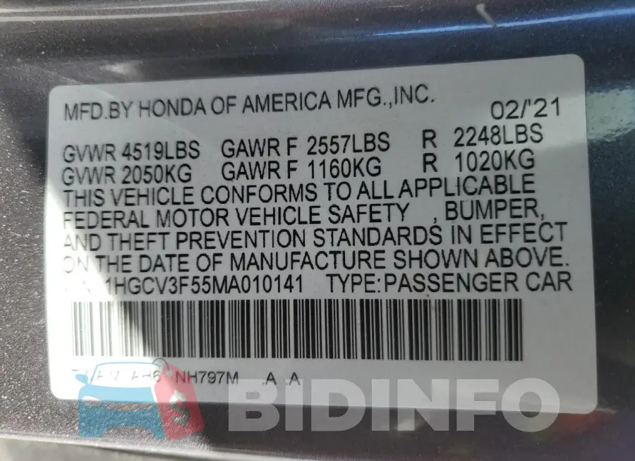 1HGCV3F55MA010141 Photo# 12