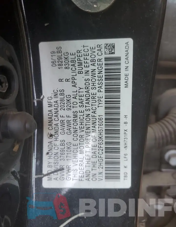 2HGFC2F63KH576061 Photo# 12