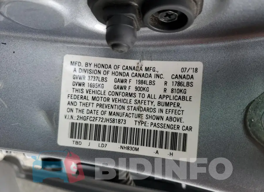 2HGFC2F72JH581873 Photo# 12