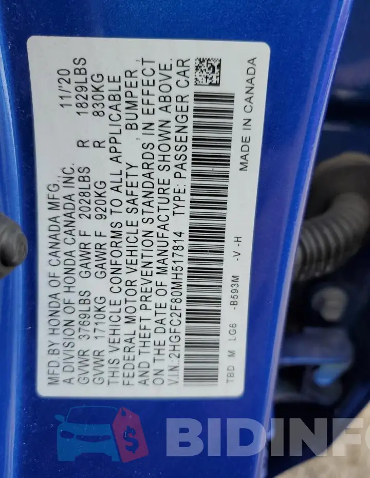 2HGFC2F80MH517814 Photo# 13