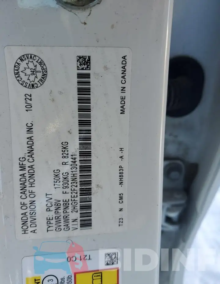 2HGFE2F23NH130441 Photo# 12