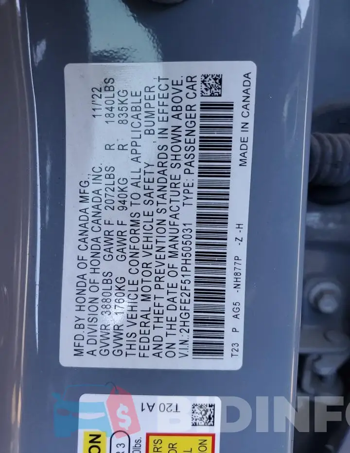 2HGFE2F51PH505031 Photo# 12