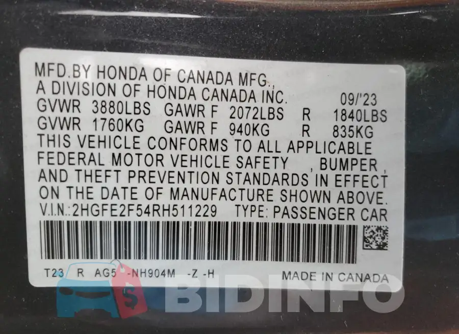 2HGFE2F54RH511229 Photo# 12