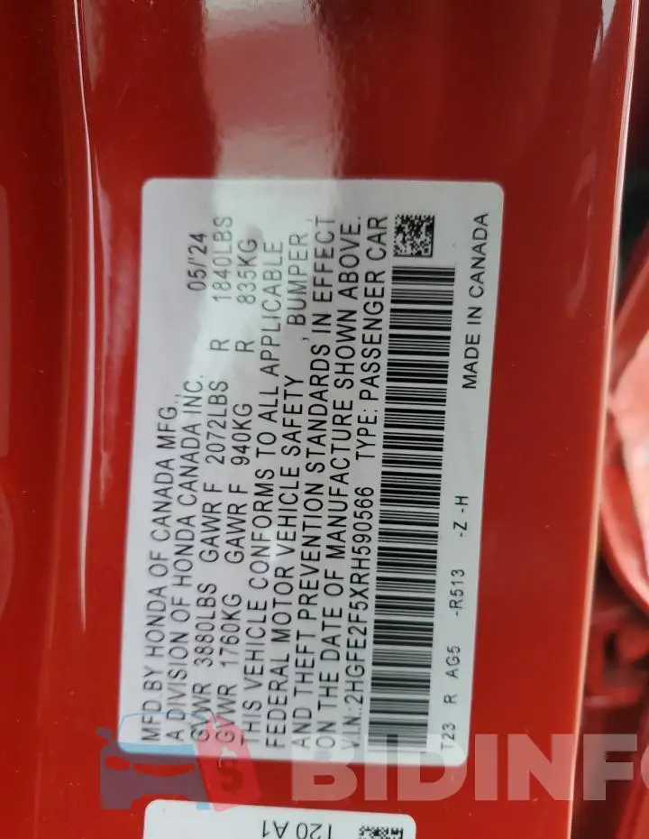 2HGFE2F5XRH590566 Photo# 12
