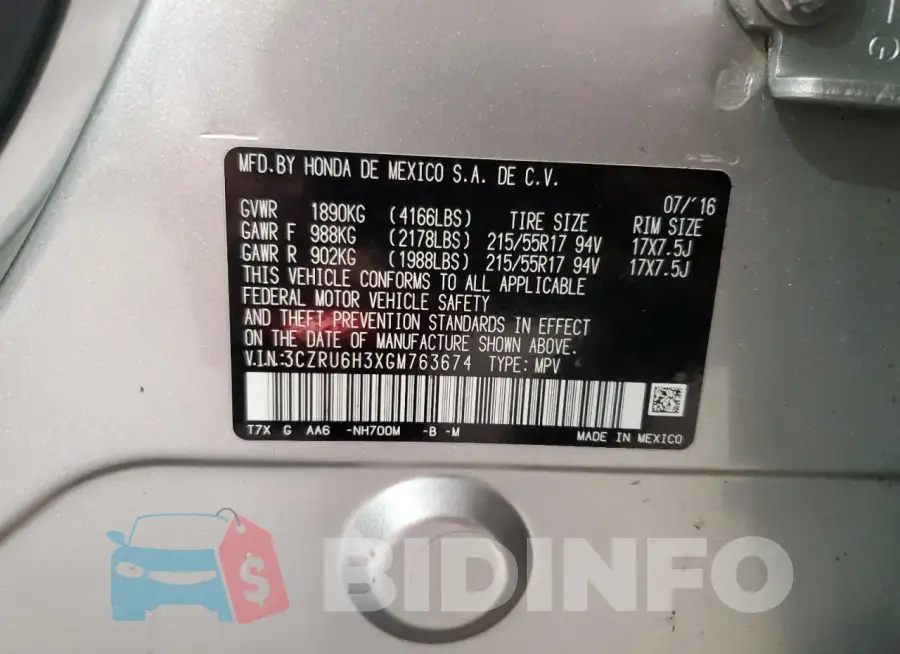 3CZRU6H3XGM763674 Photo# 13