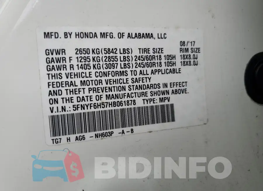 5FNYF6H57HB061878 Photo# 13