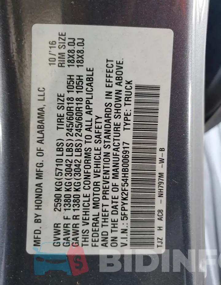 5FPYK2F54HB006917 Photo# 13