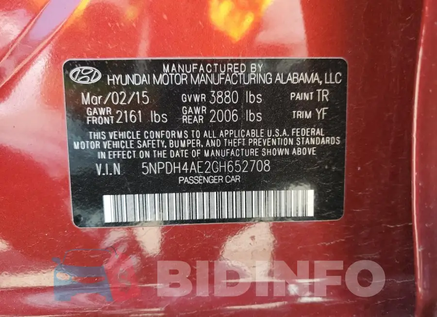 5NPDH4AE2GH652708 Photo# 12