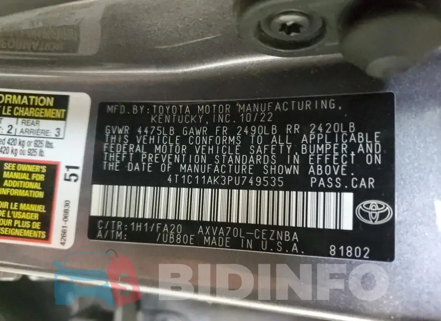 4T1C11AK3PU749535 Photo# 12