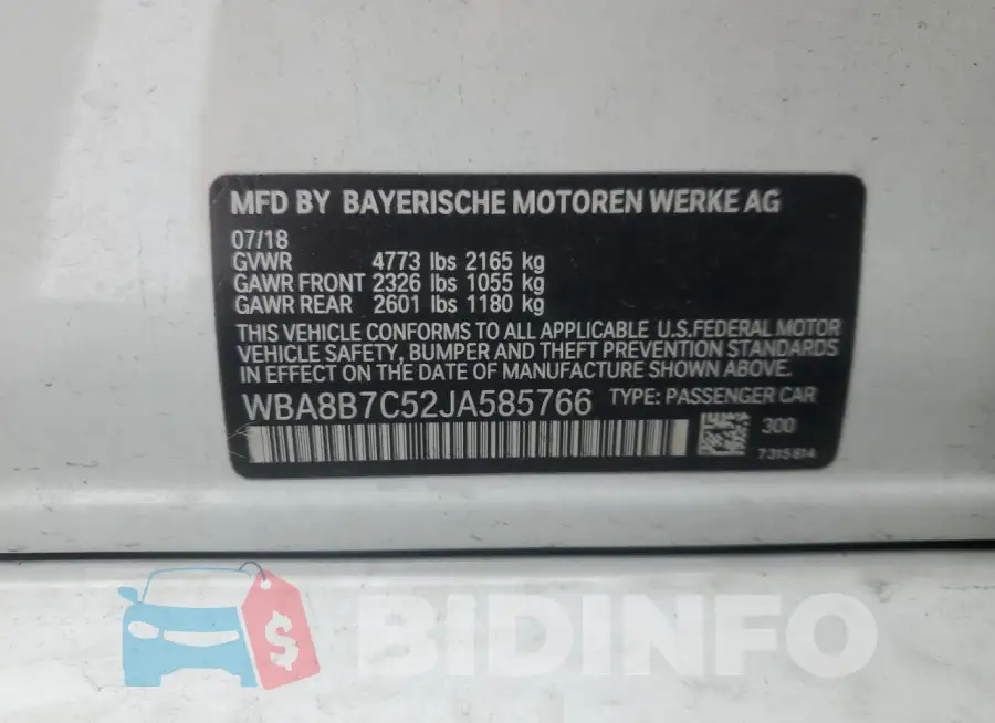WBA8B7C52JA585766 Photo# 12