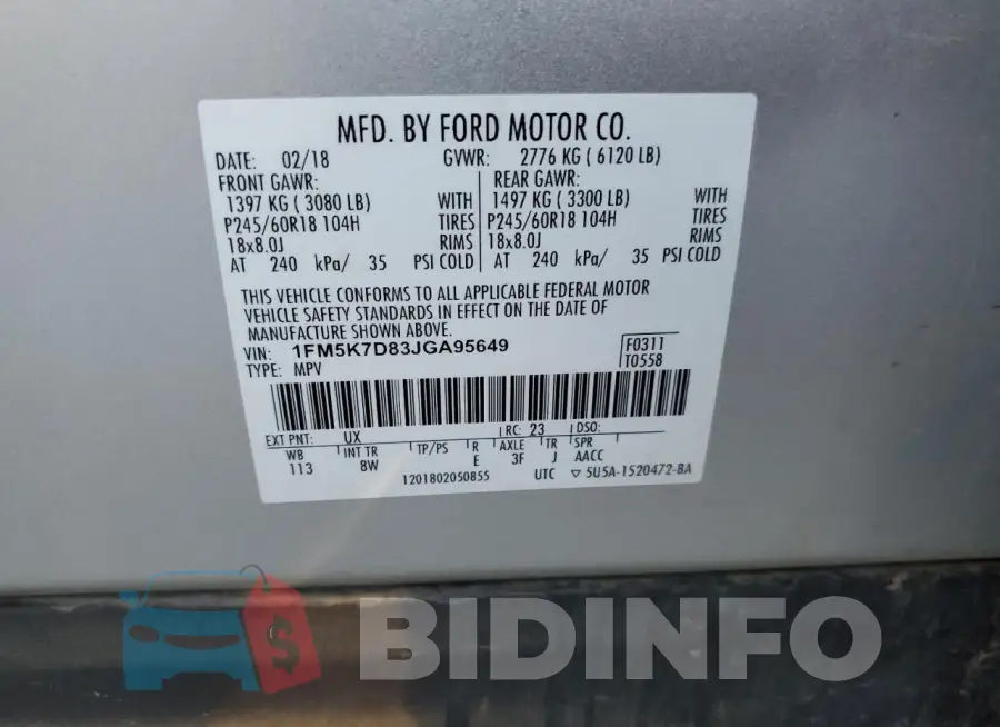 1FM5K7D83JGA95649 Photo# 13