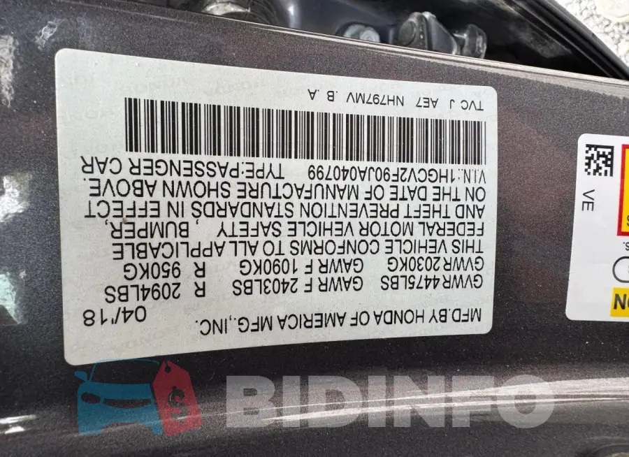 1HGCV2F90JA040799 Photo# 10