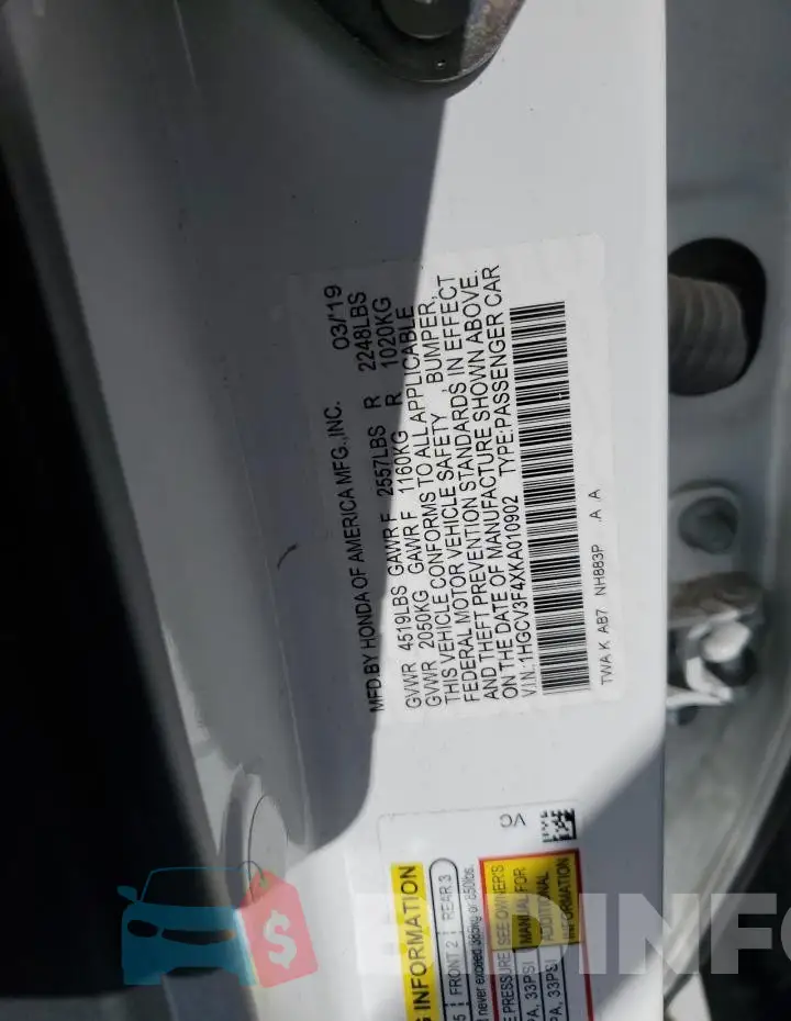 1HGCV3F4XKA010902 Photo# 12