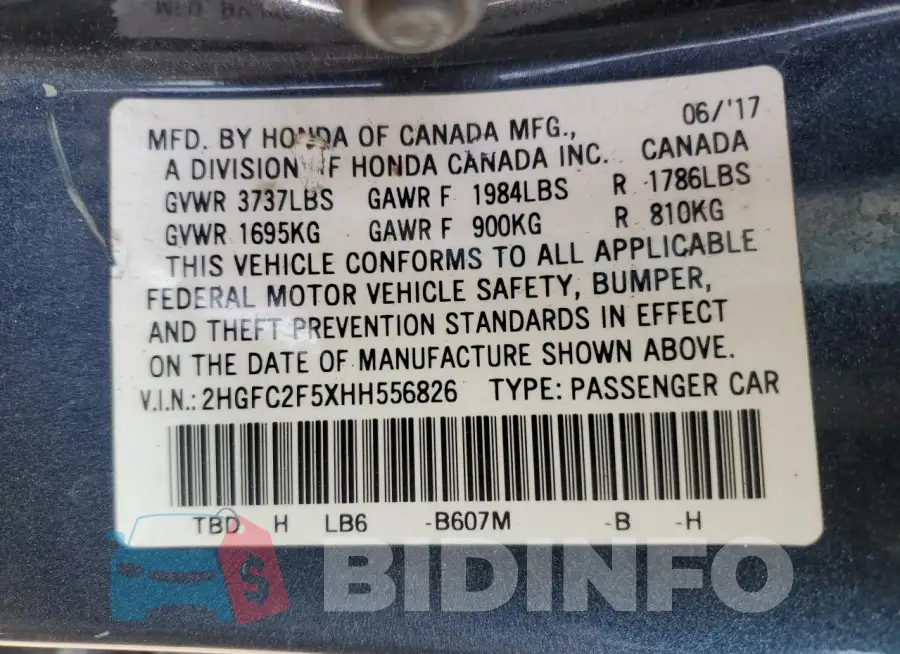 2HGFC2F5XHH556826 Photo# 12