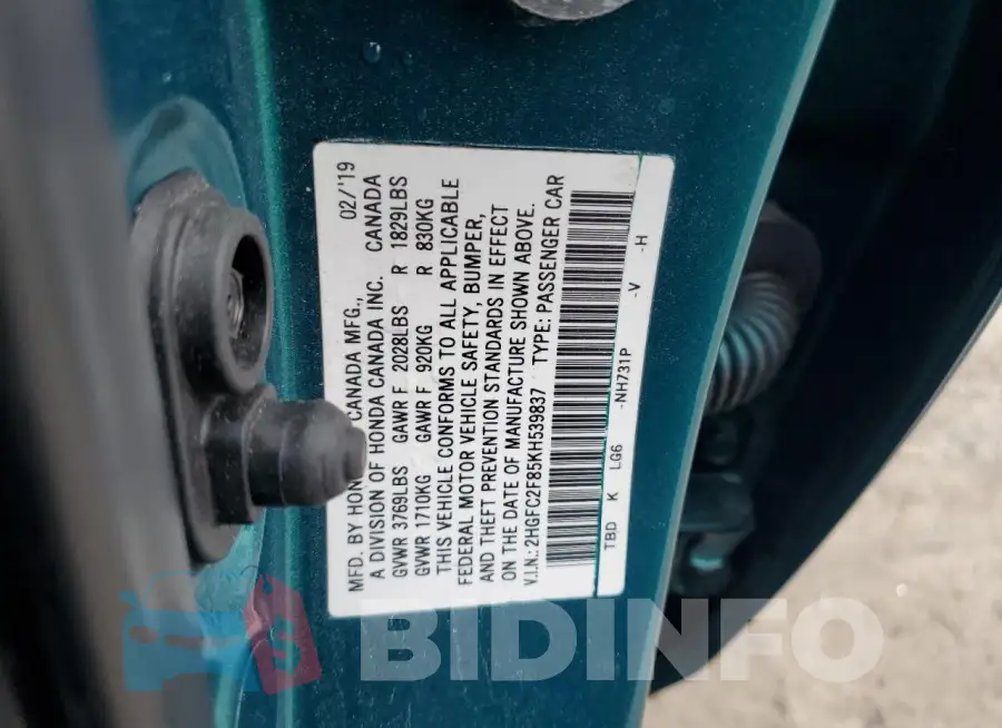 2HGFC2F85KH539837 Photo# 13