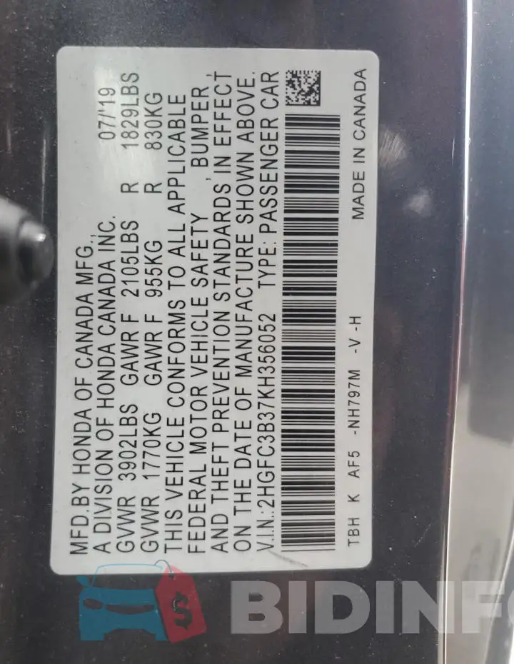 2HGFC3B37KH356052 Photo# 12