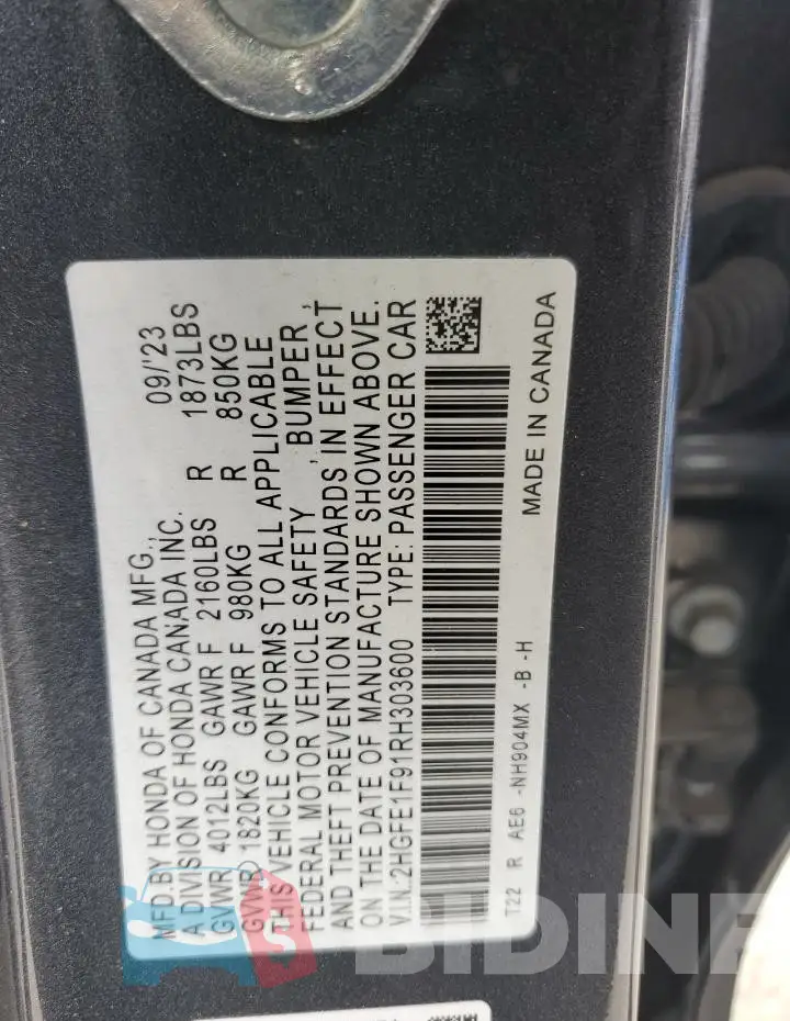 2HGFE1F91RH303600 Photo# 12