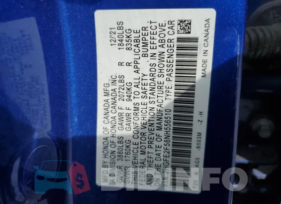 2HGFE2F58NH556510 Photo# 13