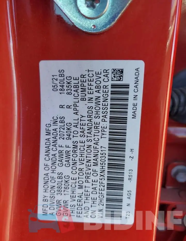 2HGFE2F5XNH503517 Photo# 13
