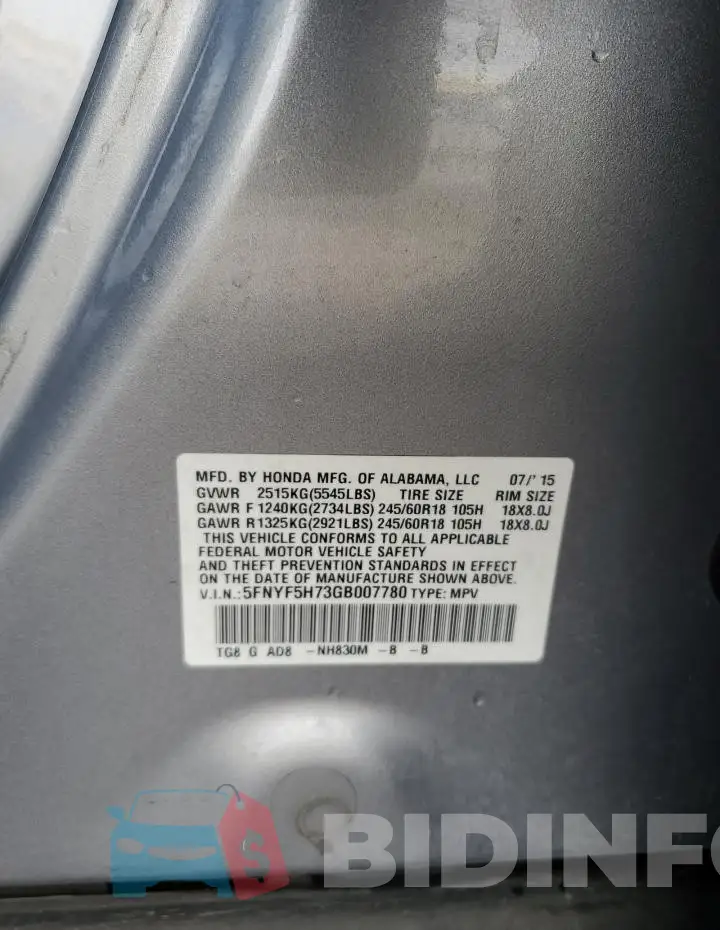 5FNYF5H73GB007780 Photo# 14
