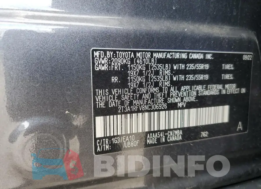2T3A1RFV8NC306926 Photo# 13