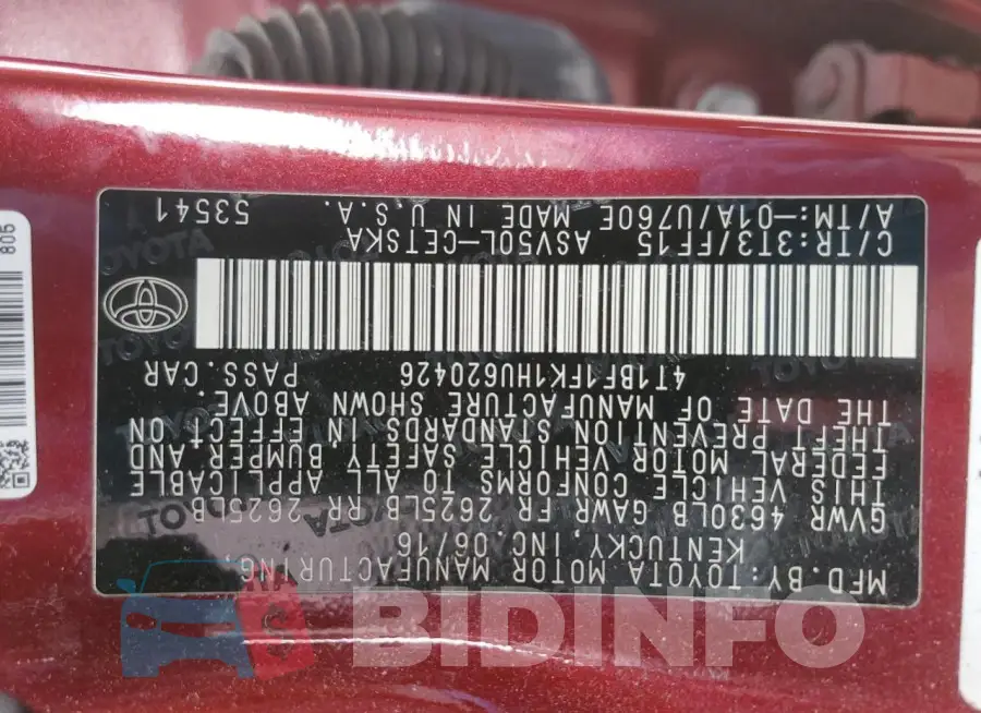 4T1BF1FK1HU620426 Photo# 12