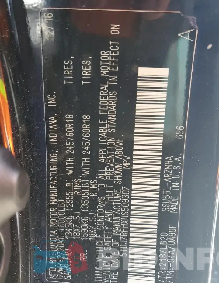 5TDJZRFHXHS509307 Photo# 14