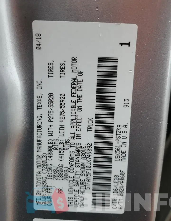 5TFAY5F10JX749092 Photo# 13