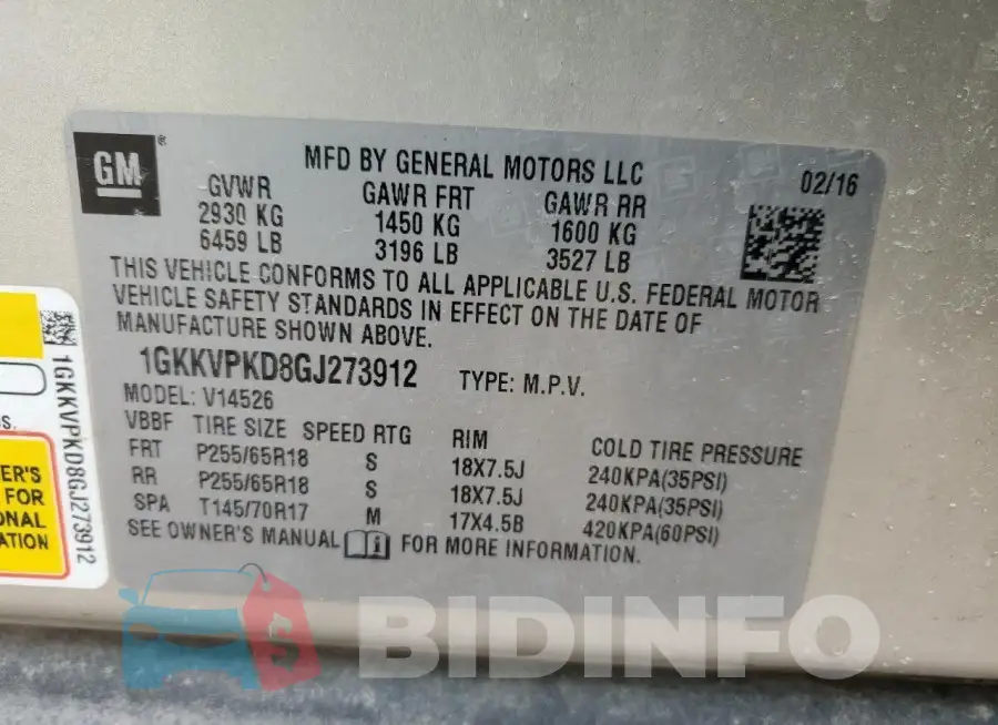 1GKKVPKD8GJ273912 Photo# 13