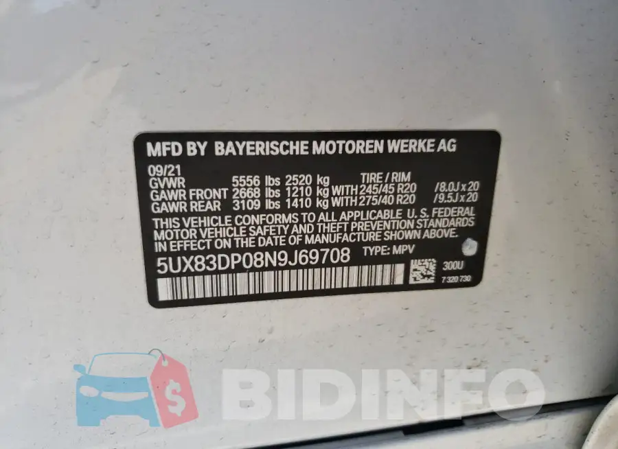 5UX83DP08N9J69708 Photo# 13