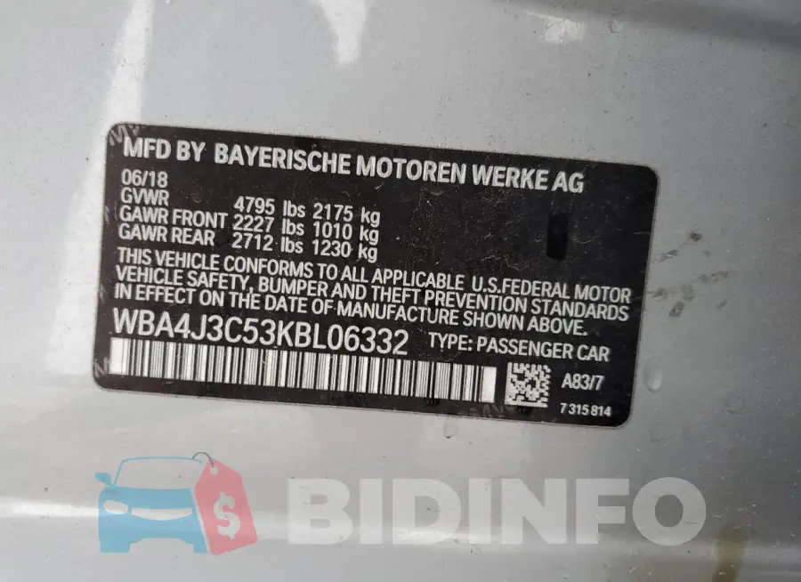 WBA4J3C53KBL06332 Photo# 12