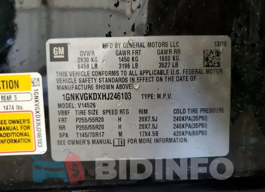 1GNKVGKDXHJ246103 Photo# 13