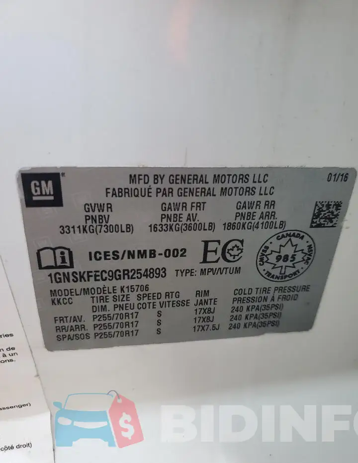 1GNSKFEC9GR254893 Photo# 13