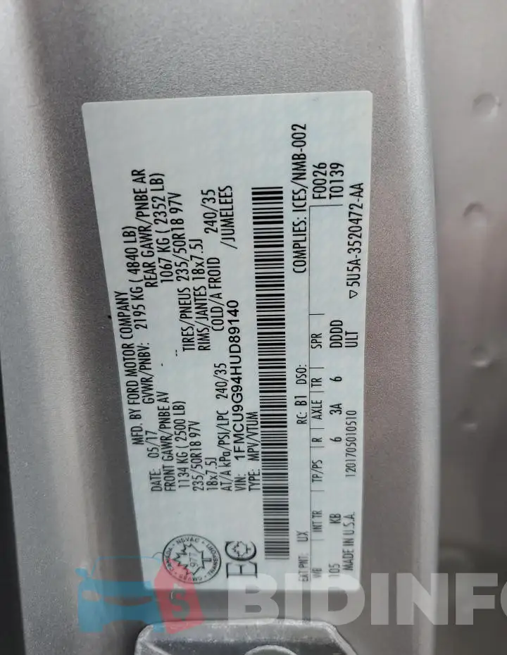 1FMCU9G94HUD89140 Photo# 14