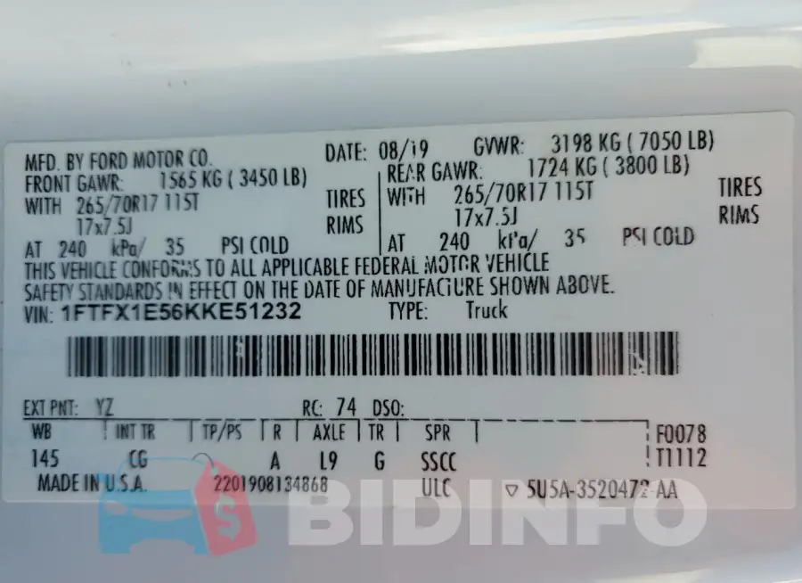 1FTFX1E56KKE51232 Photo# 12
