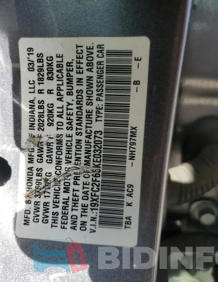 19XFC2F65KE032073 Photo# 12