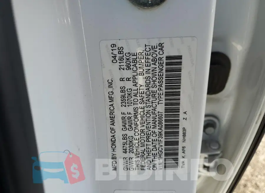 1HGCV1F39KA086607 Photo# 13