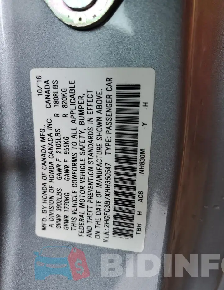 2HGFC3B7XHH350547 Photo# 13