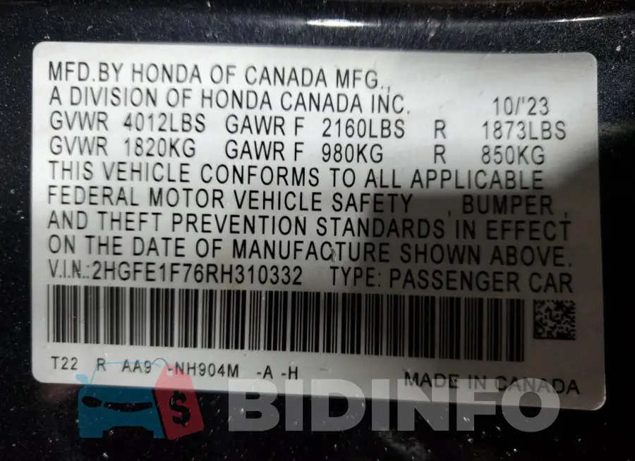2HGFE1F76RH310332 Photo# 12