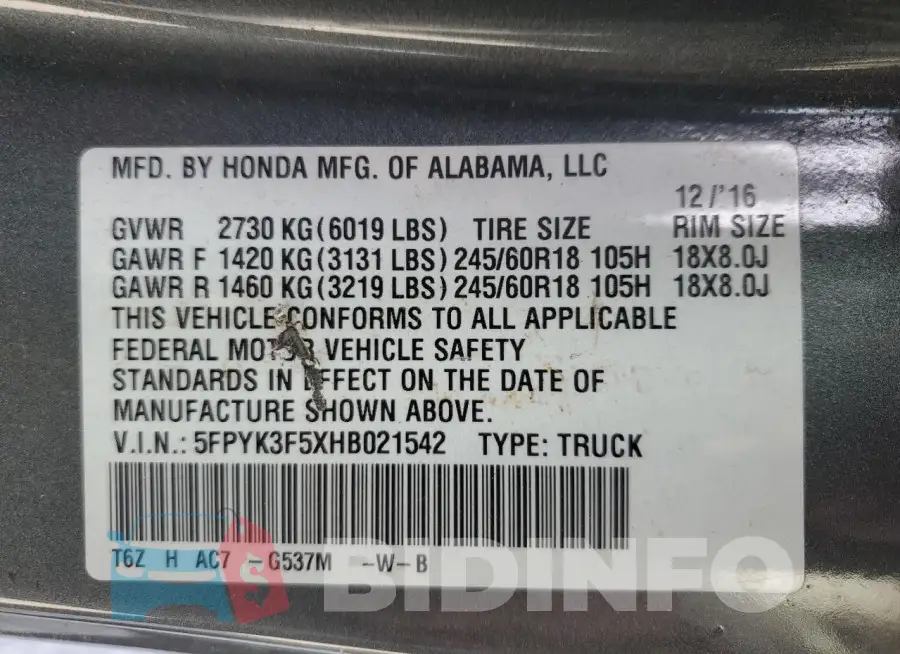 5FPYK3F5XHB021542 Photo# 12