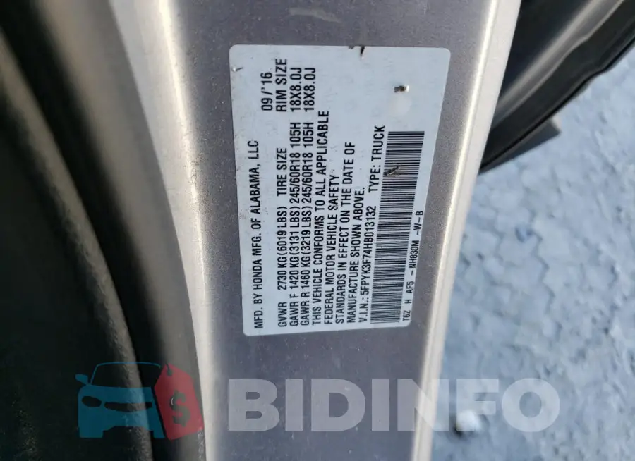 5FPYK3F74HB013132 Photo# 13