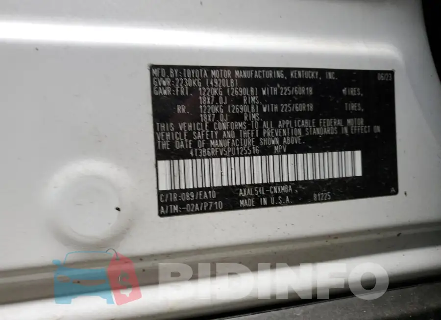 4T3B6RFV5PU125516 Photo# 13