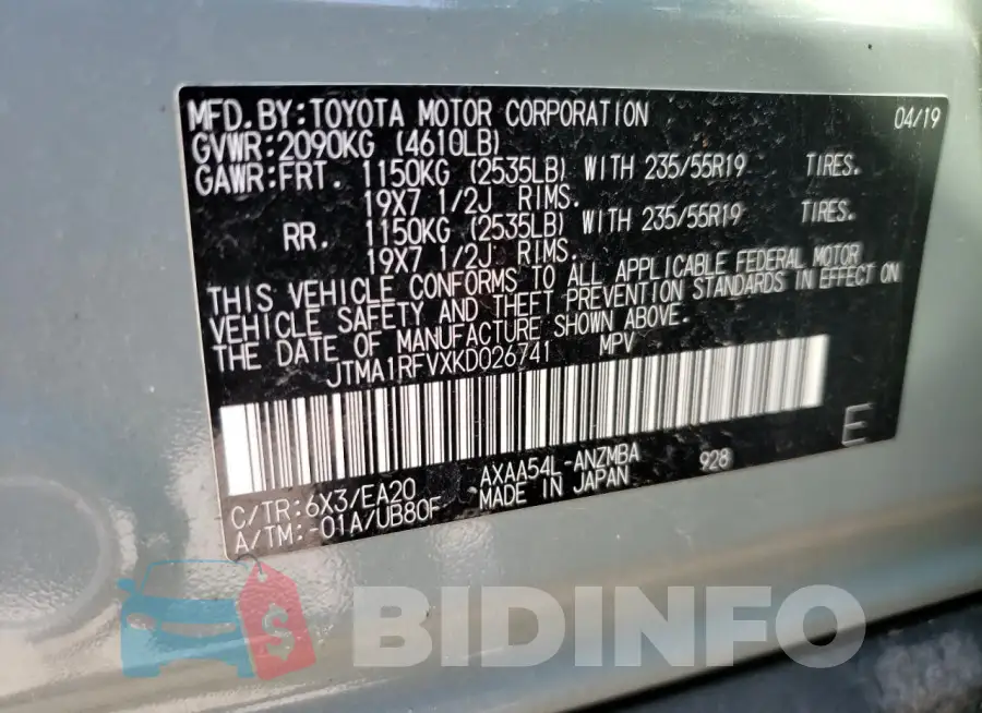 JTMA1RFVXKD026741 Photo# 14