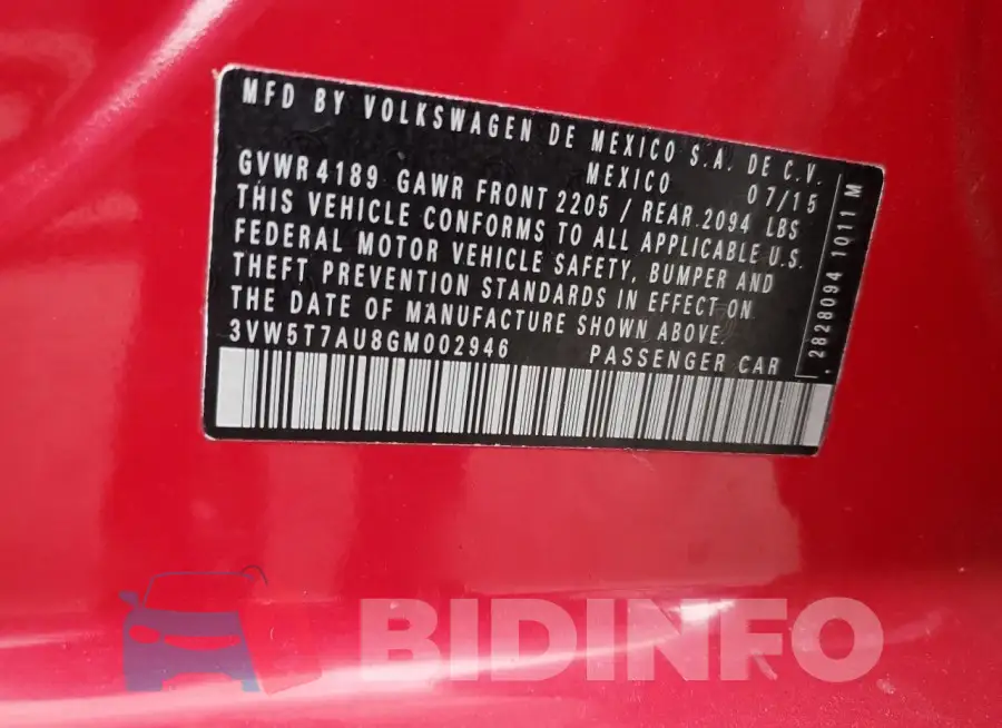 3VW5T7AU8GM002946 Photo# 12