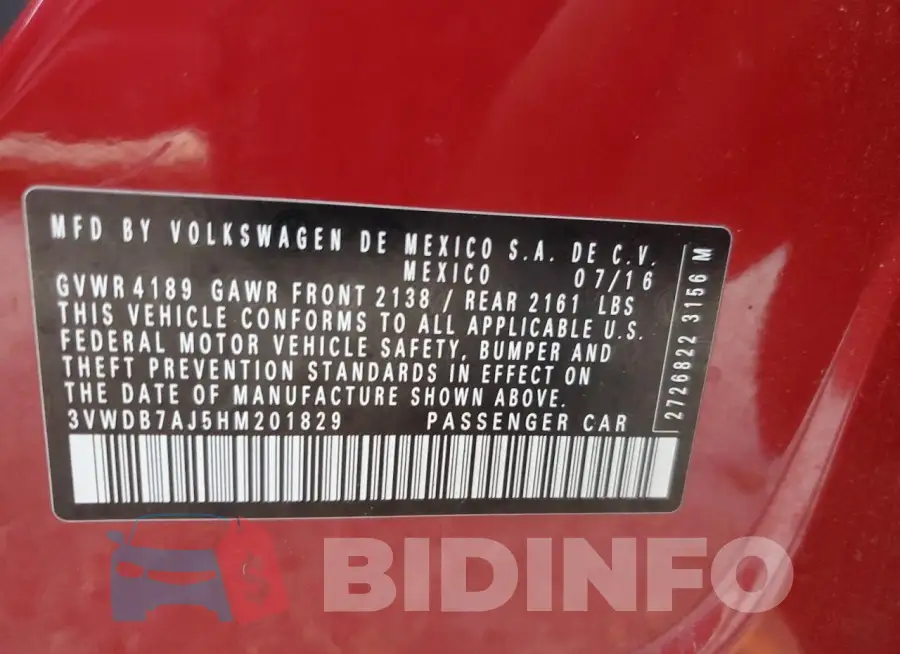 3VWDB7AJ5HM201829 Photo# 12