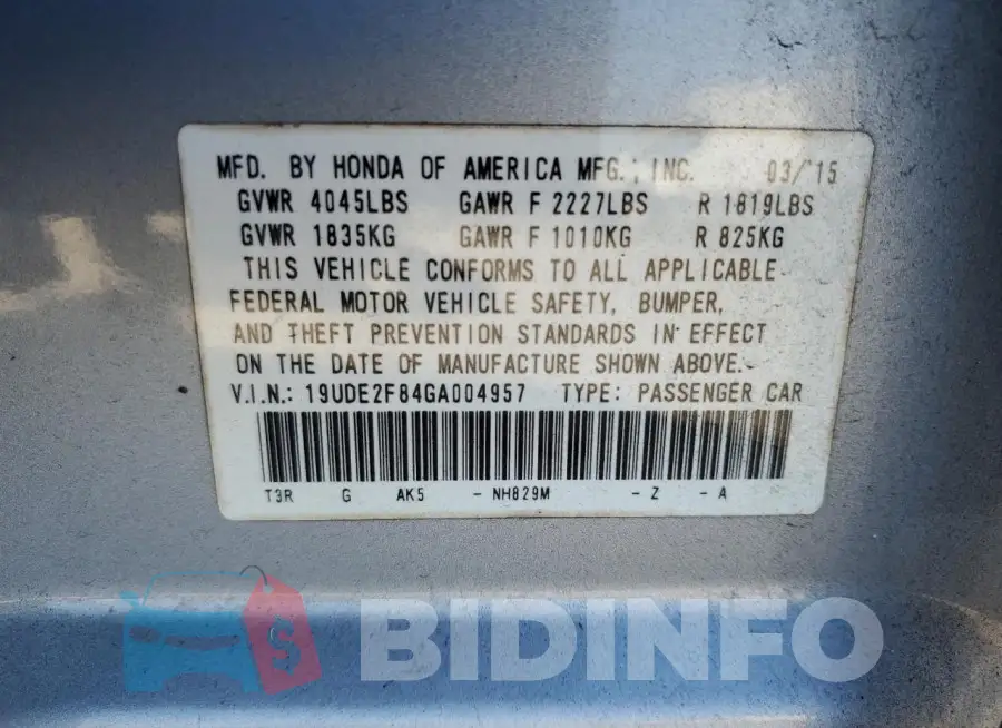 19UDE2F84GA004957 Photo# 12