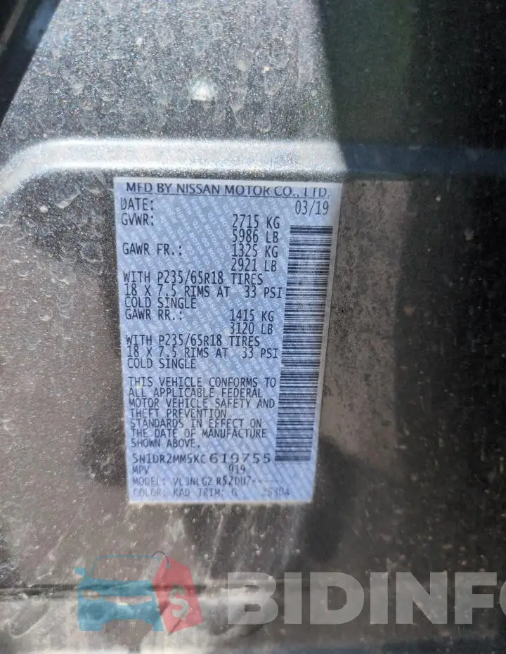 5N1DR2MM5KC619755 Photo# 13