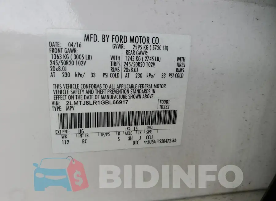 2LMTJ8LR1GBL66917 Photo# 13